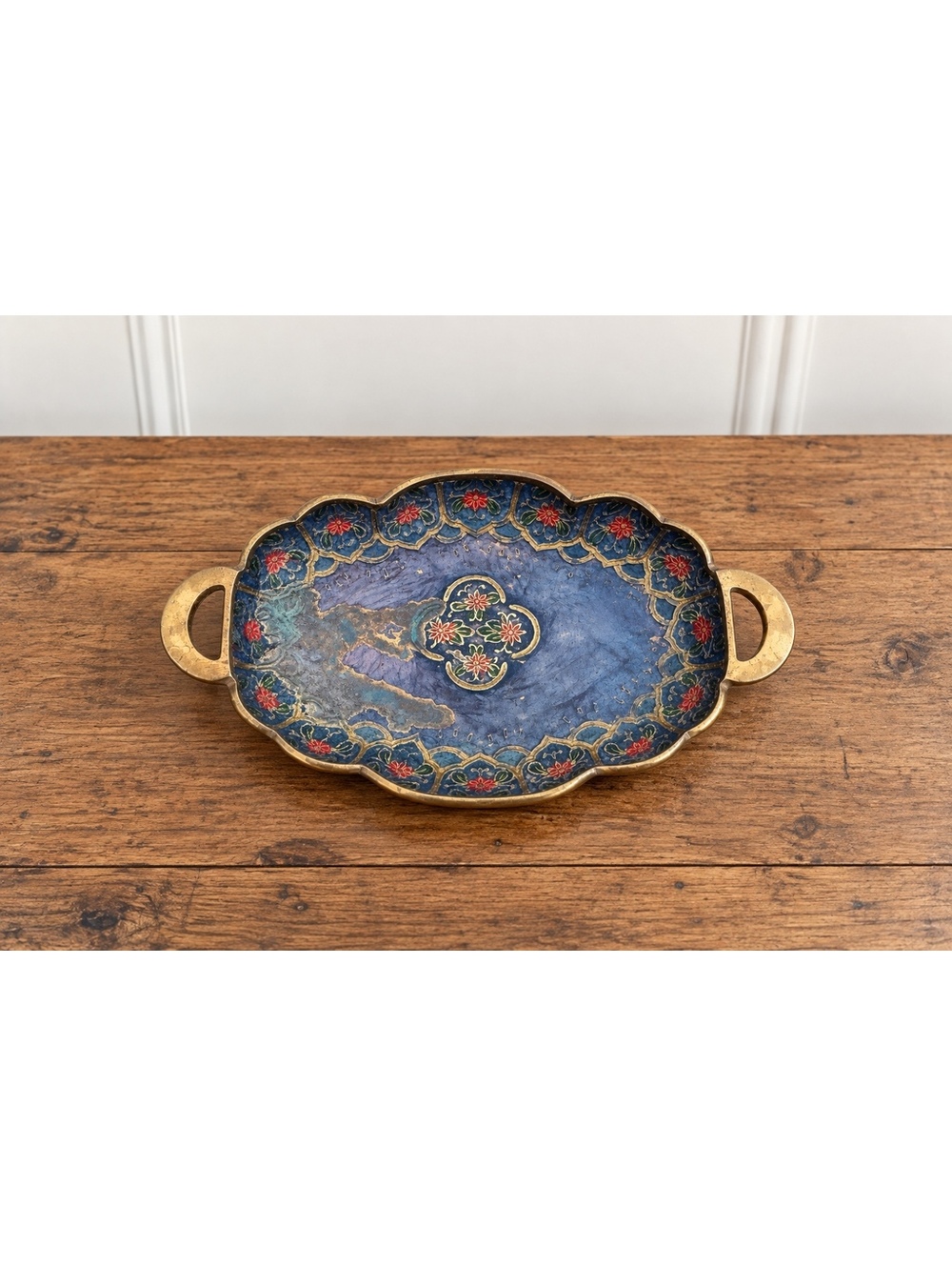 Vintage Indian Enamel Steel Tray Blue Floral Scalloped Handles 8.5” Catchall